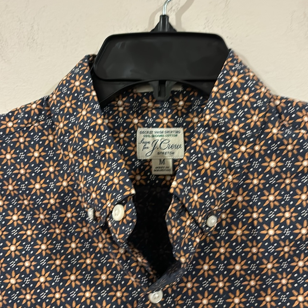 J. Crew Navy Button-Down Shirt with Tan Starburst Print
